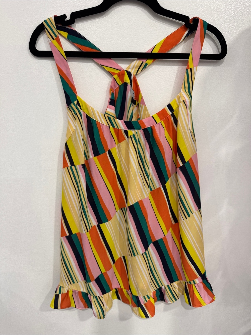 CAbi Multicolor Striped Ruffle-Hem Tank — Pink, Yellow, Teal, Orange, Navy
